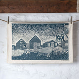 Organic Cotton Tea Towel with Fisherman's Huts Lino Print