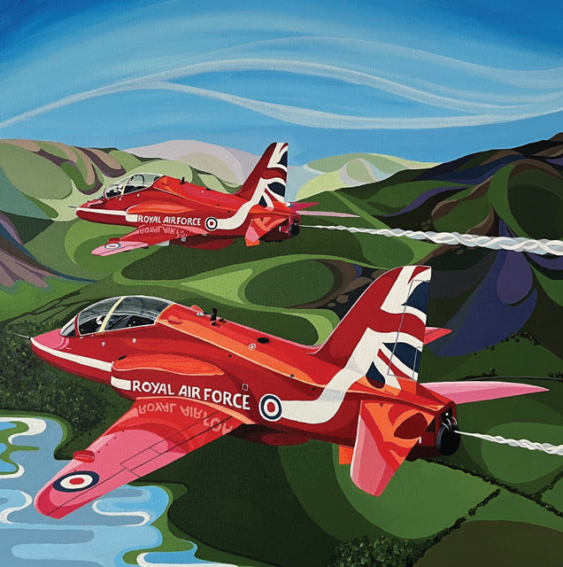 Two red Royal Air Force planes flying over a landscape. A fine art greeting card by painter Faye Baines