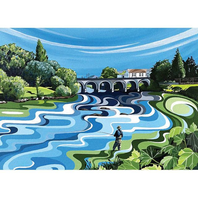 Colorful landscape with a bridge, trees, and a person fishing. A fine art greeting card by painter Faye Baines.