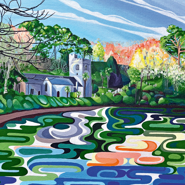 Colourful landscape with a church, trees, and a pond with abstract water reflections.