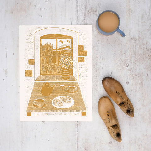 View From The Window in St Davids Lino Print in Yellow Ochre