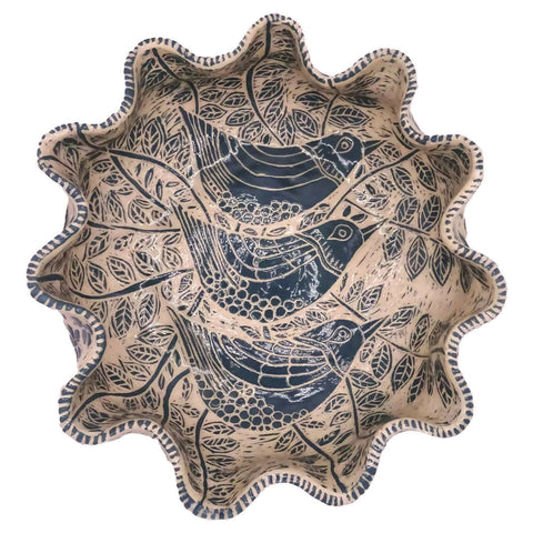 Ceramic Fluted Green Sgraffito Three Birds Bowl - W