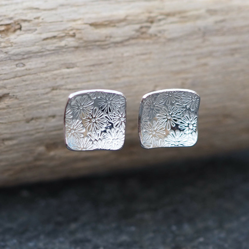 Square silver Stud Flower Earrings