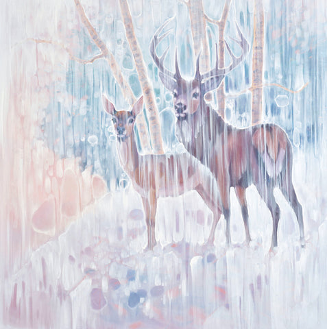 Two deer standing in a snowy forest with a soft, pastel color palette. A fine art greeting card by painter Gill Bustamante, blank inside for your own message.