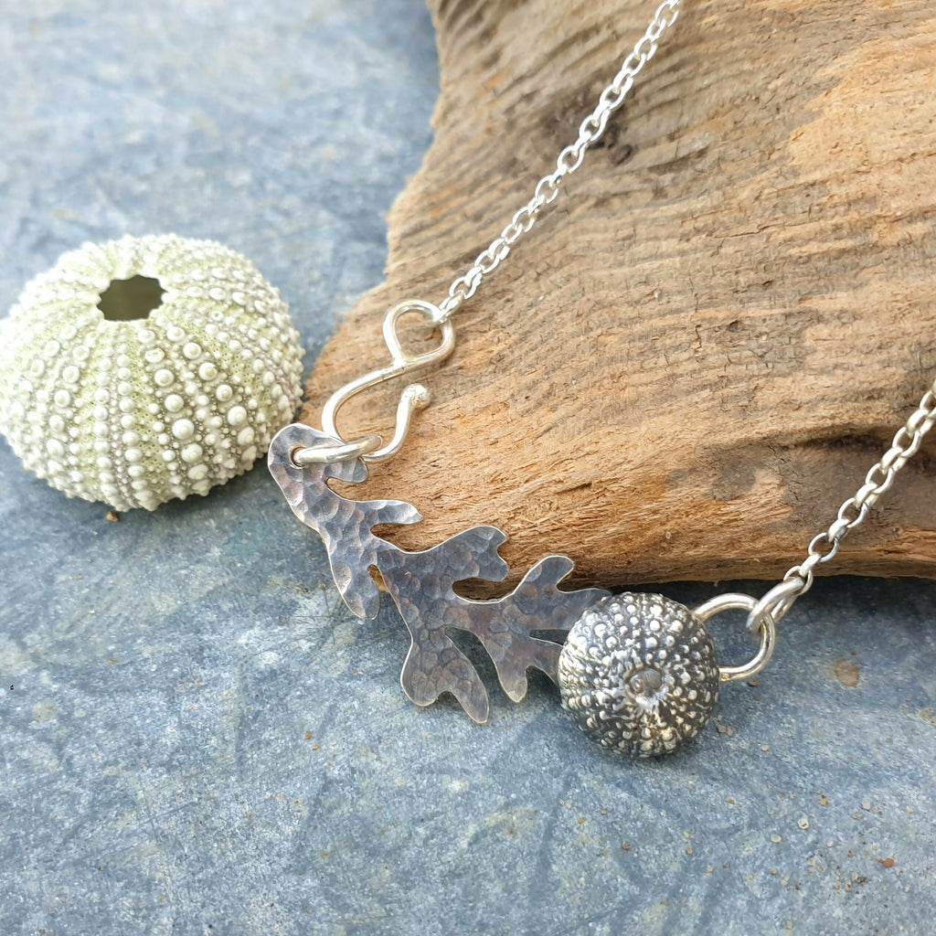 Silver Sea Urchin and Seaweed Pendant