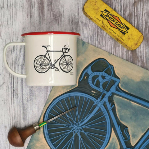Cream Enamel Mug with Bicycle Design