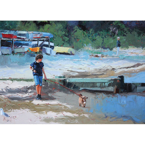 Claire McCall. Boy Walking Dog, Blank Art Card
