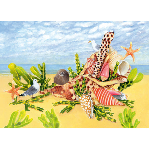 Seashells, starfish, and birds on a sandy beach with a blue sky.