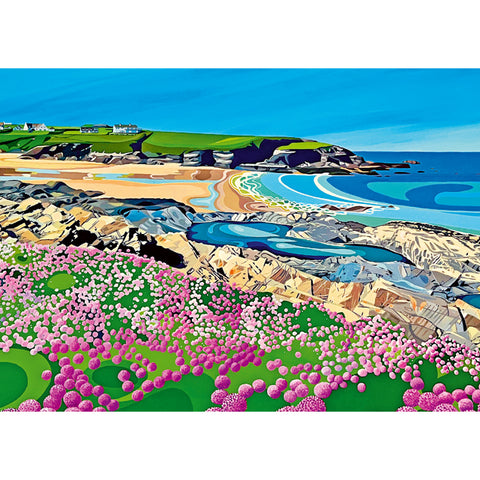 Colourful painting of a coastal landscape with pink flowers, green grass, and blue water.