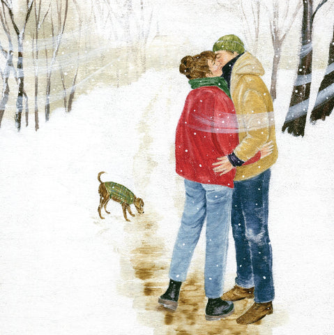 Couple kissing in the snow with a dog nearby. A fine art greeting card by painter Helen Braid.