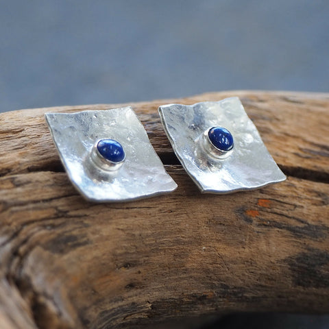 Square Lapis Lazuli Silver Stud Earrings