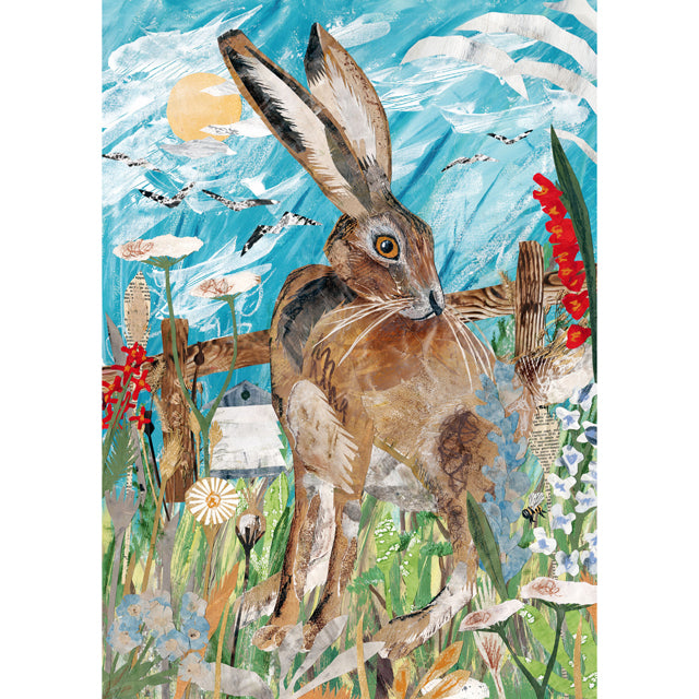 A textured collage-style painting of a brown hare standing in a grassy field with flowers, birds, and a blue sky background.