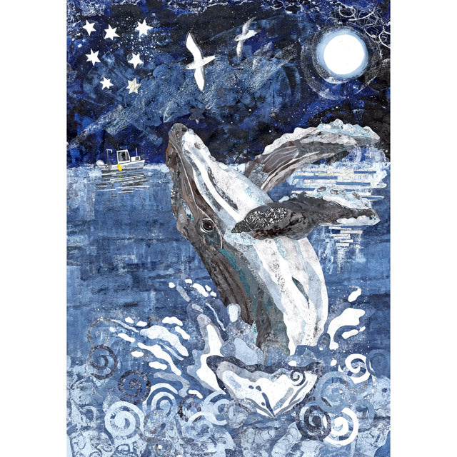 A textured art print depicting a humpback whale breaching the ocean at night under a full moon, with seagulls flying overhead and a small boat on the horizon.