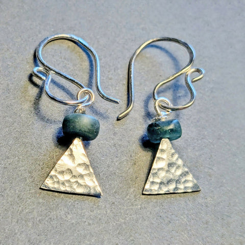 Sterling Silver Triangle Earrings - Green Tourmaline Gem Beads