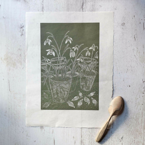 Snowdrops in Terracotta Pots in Potting Shed Lino Print - Wild Green Awagami