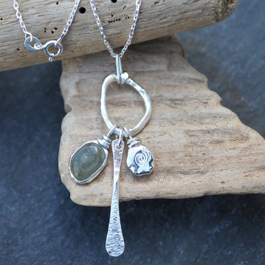 Sea Glass Molten Silver Cluster Necklace