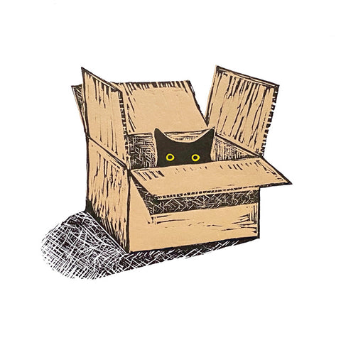 Jane Dignum, Cat In a Box, Printmaker's Fine Art Greeting Card