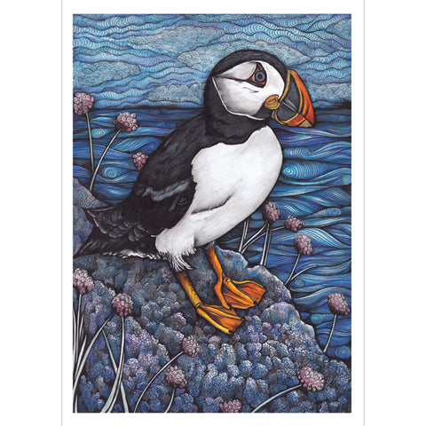 Jennifer Guest, Puffin On The Rocks, Fine Art Greeting Card