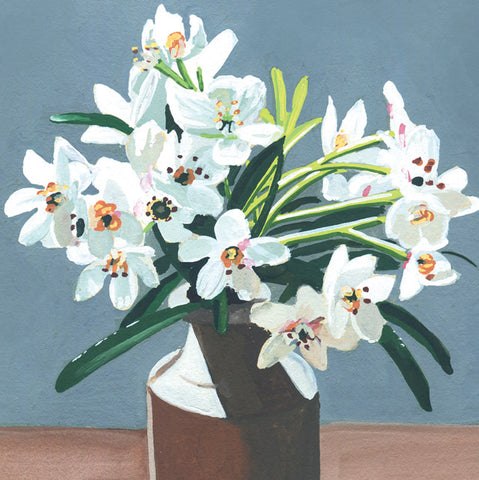 A painted floral still life showing white flowers with green leaves and orange-yellow centres arranged in a dark brown vase against a muted blue-grey background.