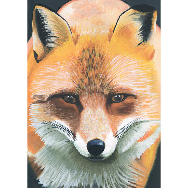 A close-up painted portrait of a fox face with orange, cream, brown, black, and white fur details on a dark background.