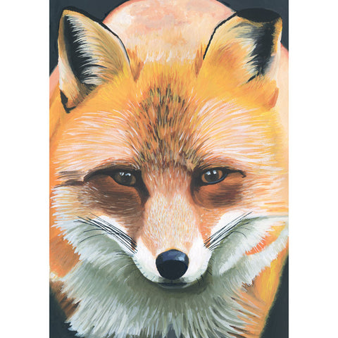 A close-up painted portrait of a fox face with orange, cream, brown, black, and white fur details on a dark background.