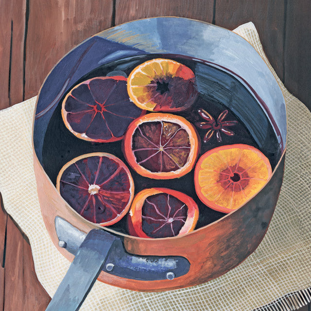 A painted still life of a copper pot with a dark handle, containing sliced citrus fruits and star anise floating in dark liquid, set on a woven mat over a wooden surface.