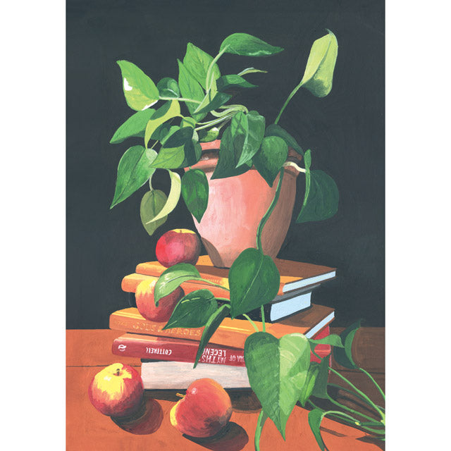 A still life painting featuring a potted green plant on a stack of books with red apples, set against a dark background and a warm brown tabletop.