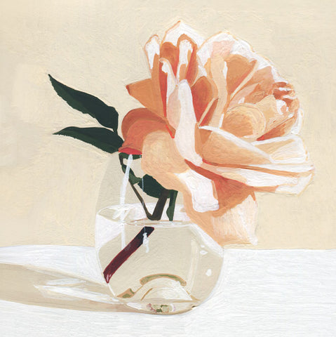 A still life painting of a peach and cream rose with dark green leaves in a clear glass vase, set against a warm beige background and white surface.