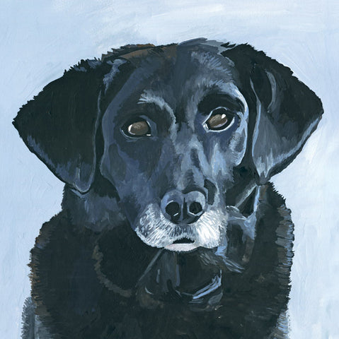 A painted portrait of a black dog with a white muzzle, shown against a light blue background. 