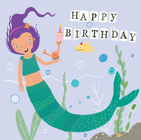 Children's Birthday Card  - Mermaid and cupcake