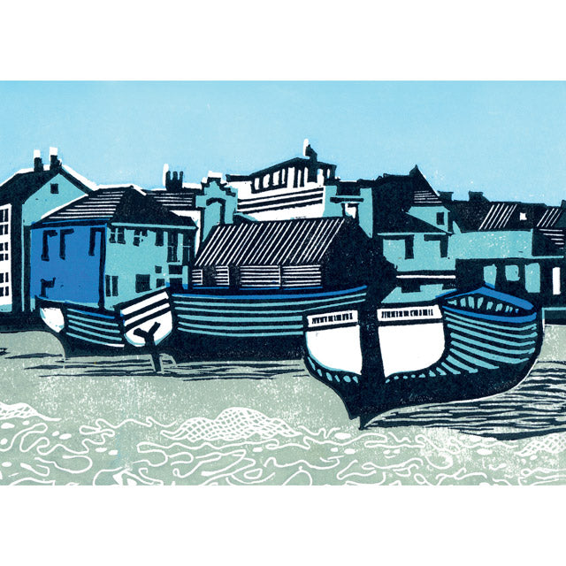 A stylized linocut or woodcut-style illustration of boats on water in front of a row of houses, rendered in blue, black, white, and pale green tones.