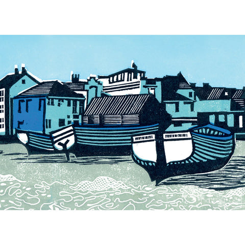 A stylized linocut or woodcut-style illustration of boats on water in front of a row of houses, rendered in blue, black, white, and pale green tones.