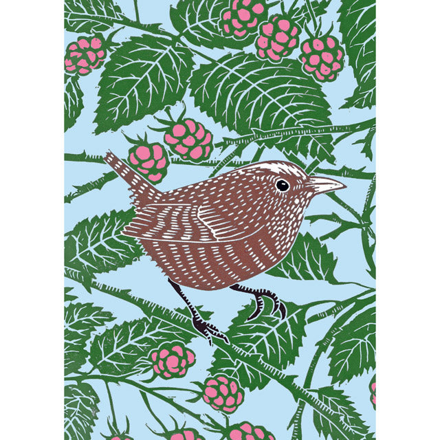 A decorative illustration of a brown bird perched on a branch among green leaves and pink berries on a light blue background.