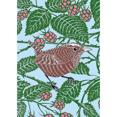 A decorative illustration of a brown bird perched on a branch among green leaves and pink berries on a light blue background.
