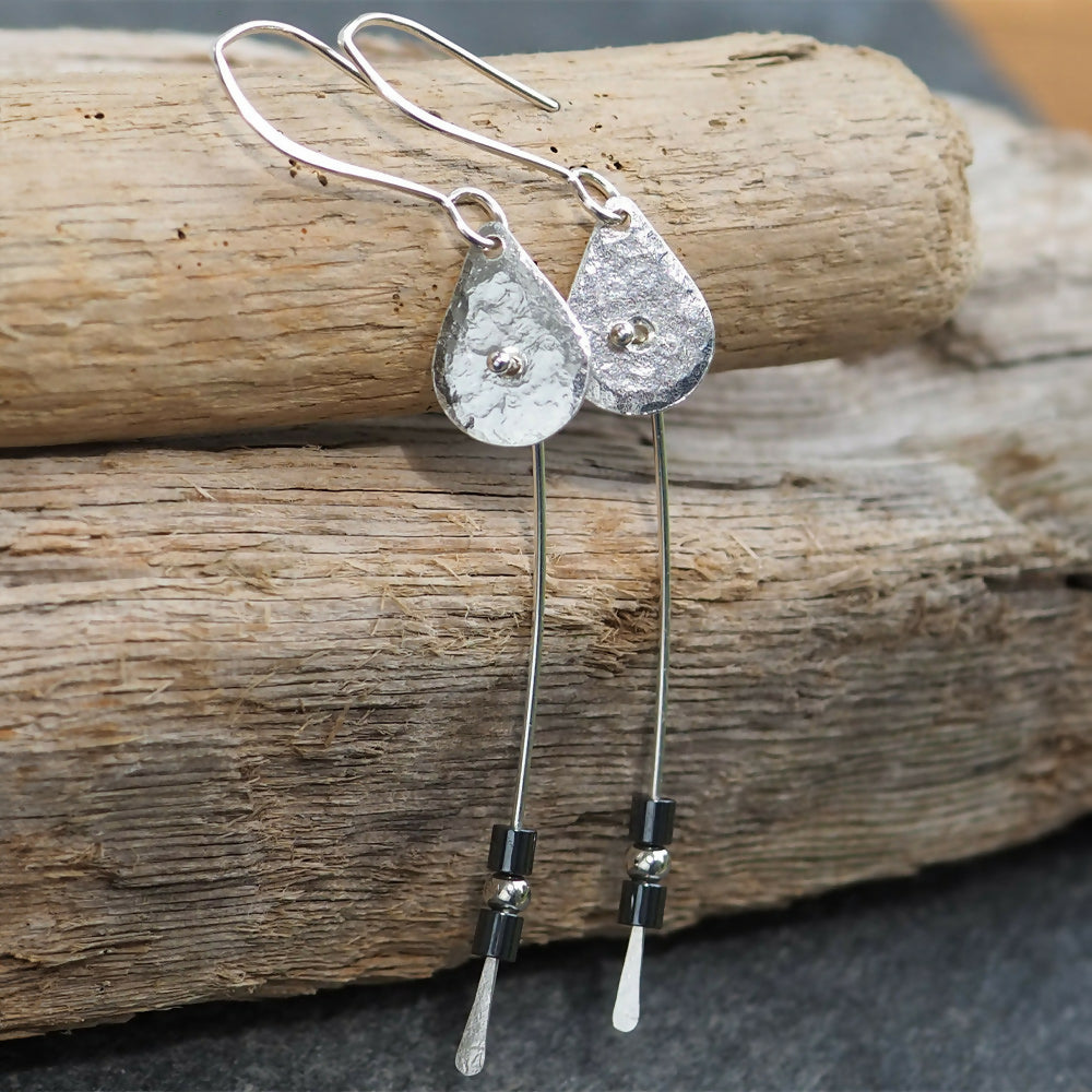 Long Dangly Silver and Hematite Earrings