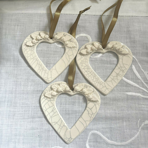 Christmas Decorations, Hearts and Holly - Handmade Ceramic