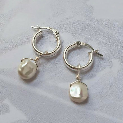 Keishi Pearl - Mini Hoop Silver Earrings