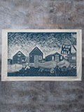 Organic Cotton Tea Towel with Fisherman's Huts Lino Print