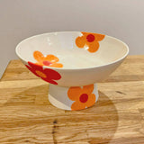 Big Blossom Pedestal Bowl - Handmade Painted Porcelain - HOT ORANGE WITH RED