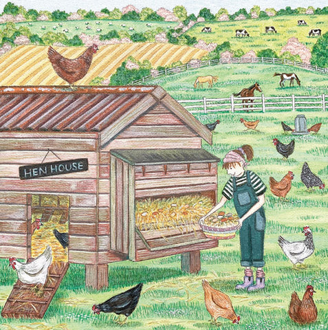 The Hen House, A fine art greeting card by painter Lisa Davies, of a girl tending to chickens around a hen house on a farm.
