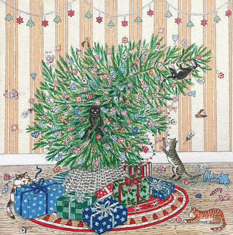 A fine art greeting card by painter Lisa Davies. Decorative Christmas scene with a tree, presents, and cats on a striped background