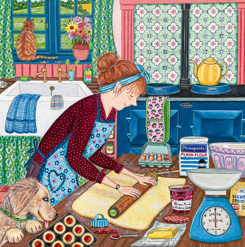 Colorful illustration of a woman baking in a kitchen with a dog. A fine art greeting card by painter Lisa Davies