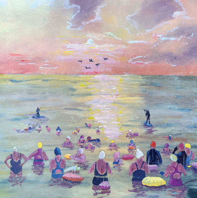 A fine art greeting card by painter Lynn Morgan Jenkins of a beach scene with people in the water and a colorful sky.