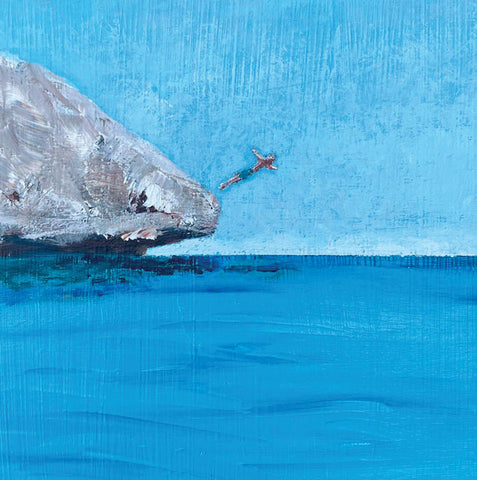 A fine art greeting card by painter Lynn Morgan Jenkins of a person diving into clear blue water