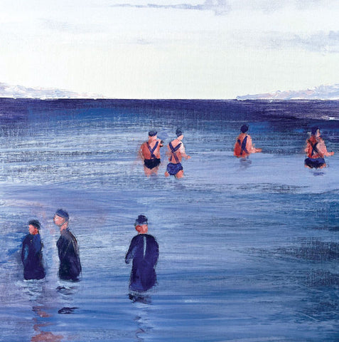 A fine art greeting card by painter Lynn Morgan Jenkins,  of people in swimsuits and hats wading in water with a blue sky.