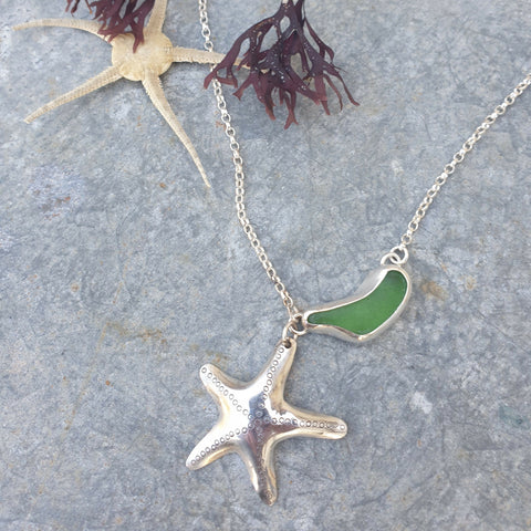 Silver Starfish and Seaglass Pendant - Hallmarked