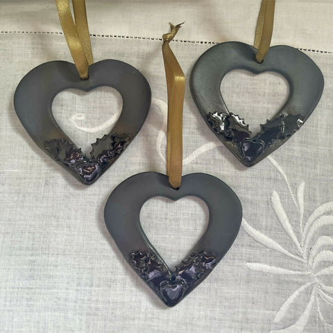 Christmas Decorations, Black Hearts - Handmade Ceramic