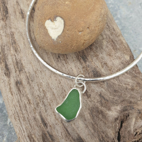 Sterling Silver Bangle With Green Seaglass Charm