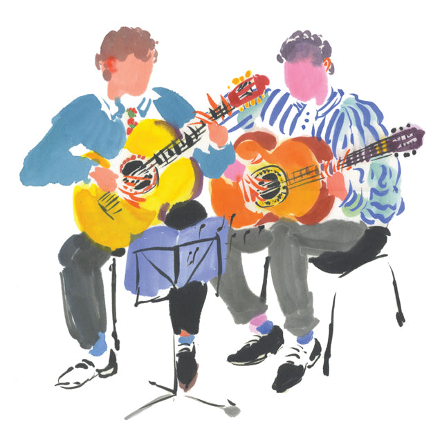 A fine art greeting card by painter Mary Woodin of three musicians playing guitars on a white background