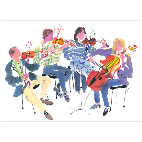 A fine art greeting card by painter Mary Woodin of four musicians seated and playing string instruments, including violins and a cello, on a plain white background.